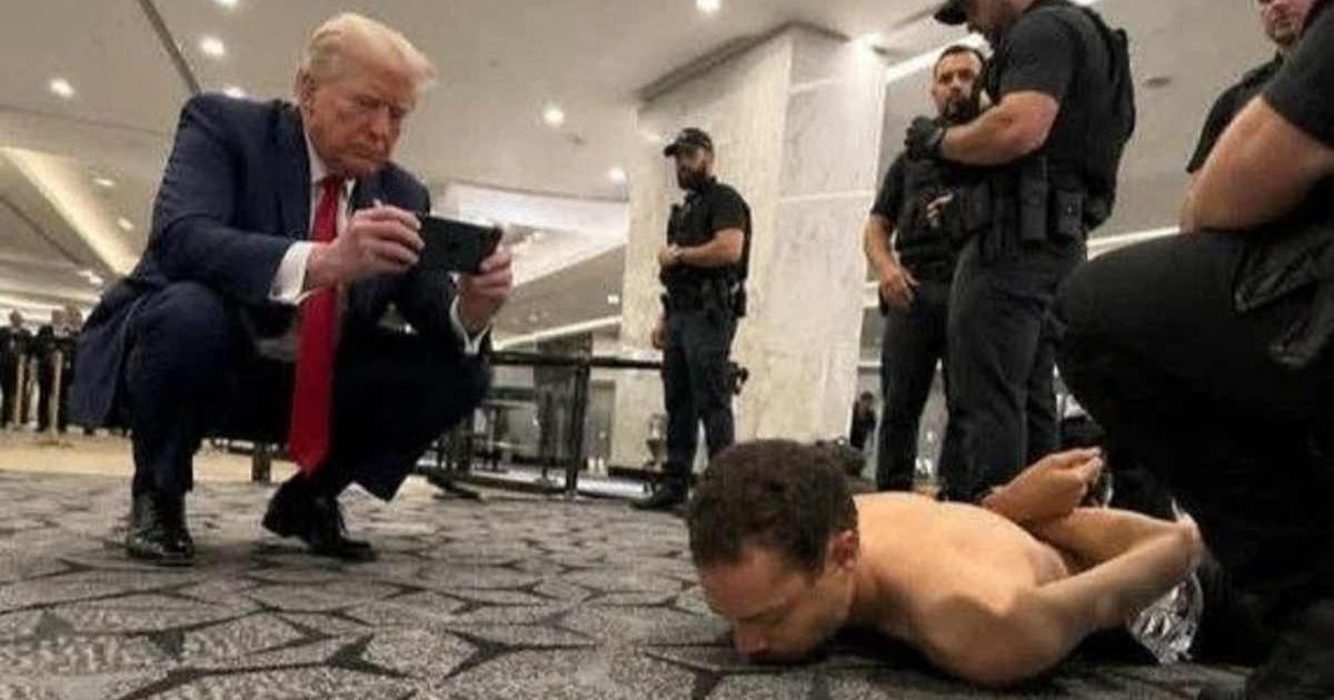 A viral image circulated online claiming to show Donald Trump photographing the detained suspect after the shooting (@Not_the_Bee/X)