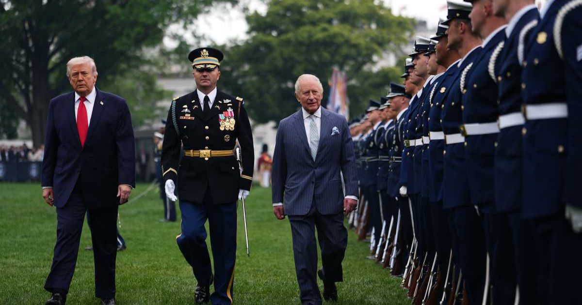 President Donald Trump and King Charles III depart an arrival ceremony on the South Lawn of the White House in Washington, April 28, 2026 (AP Photo/Julia Demaree Nikhinson)