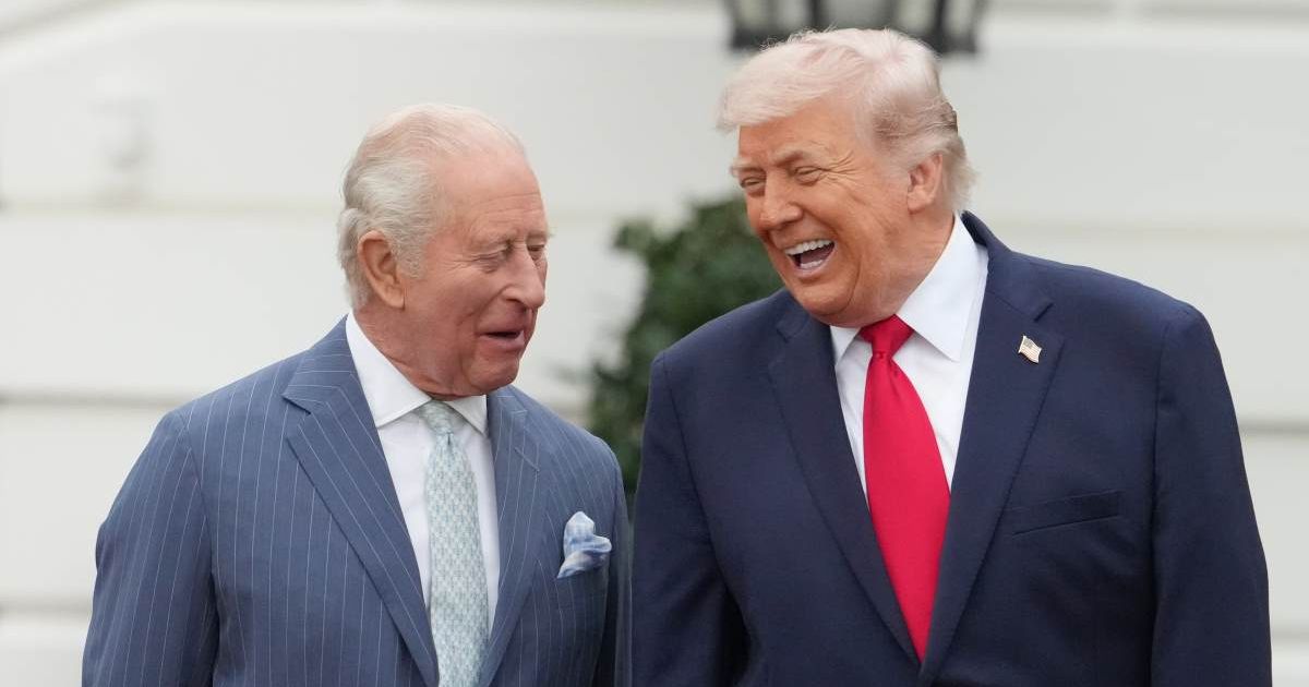 President Donald Trump and Britain's King Charles III talk during a State Visit arrival ceremony on the South Lawn of the White House, Tuesday, April 28, 2026, in Washington (AP Photo/Alex Brandon)