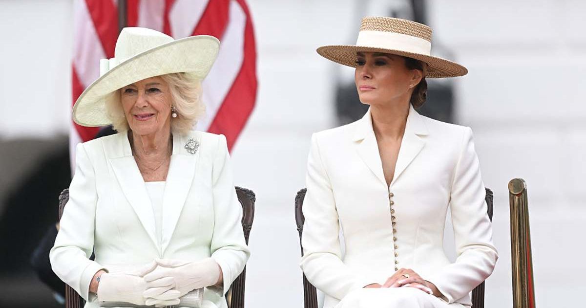 Queen Camilla and First lady Melania Trump attend the state arrival ceremony on the South Lawn of the White House on State visit of King Charles III and Queen Camilla, on April 28, 2026 in Washington, DC (Getty Images) 