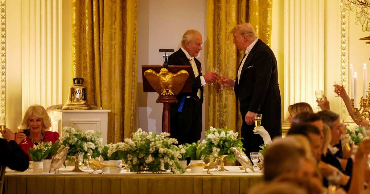 Queen Camilla, King Charles III, President Donald Trump, and First Lady Melania Trump give a toast in the East Room during an official state dinner hosted by the President and First Lady at The White House (Getty Images)