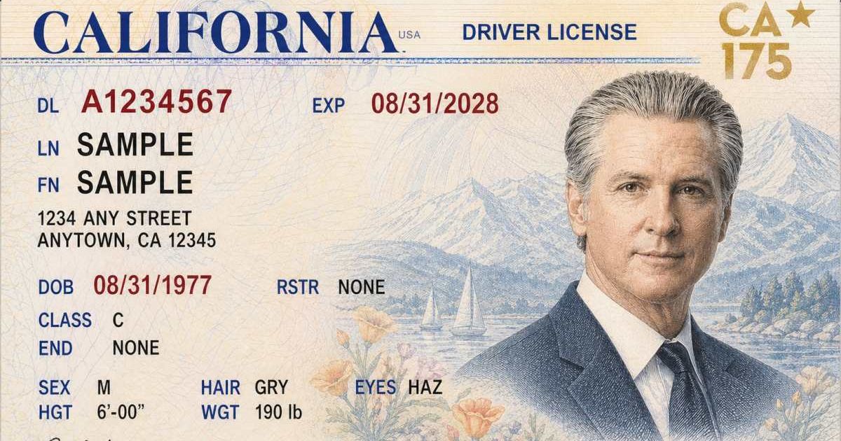 Governor Gavin Newsom’s office released a satirical California driver’s license to mock the new federal passports featuring President Trump’s portrait and a gold signature (@GovPressOffice/X)