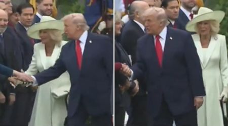 Trump appears to make royal blunder by walking in front of Queen Camilla while greeting guests