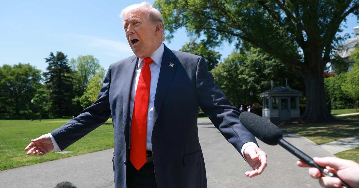 President Donald Trump speaks to reporters as he departs the White House on May 1, 2026, in Washington, DC (Anna Moneymaker/Getty Images)