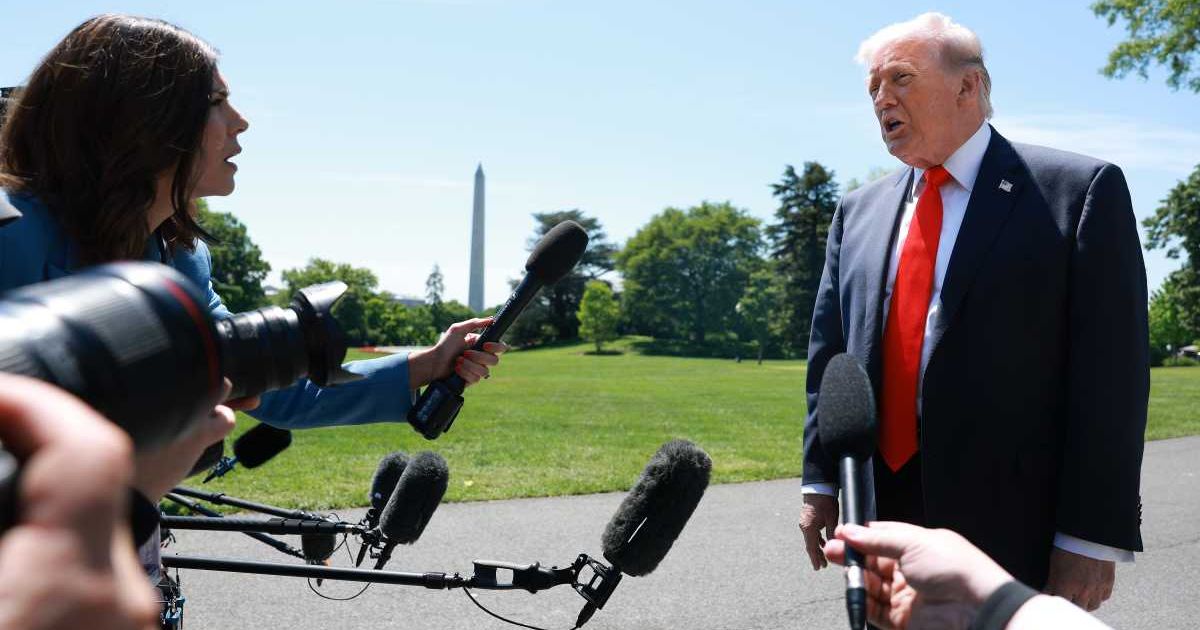 President Donald Trump speaks to reporters as he departs the White House on May 1, 2026 in Washington, DC (Anna Moneymaker/Getty Images)