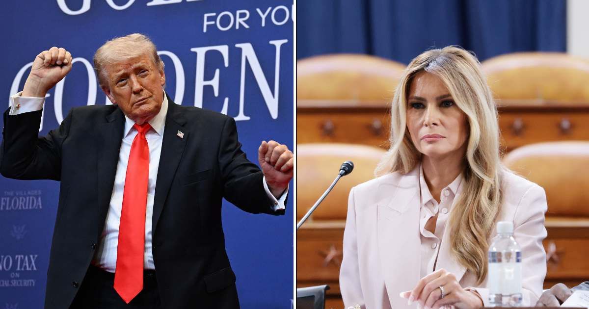Donald Trump revealed that Melania Trump 'hates' when he dances to 'YMCA' to close out rallies while delivering remarks at The Villages Charter School on Friday, May 1 (Roberto Schmidt, Anna Moneymaker/Getty Images)