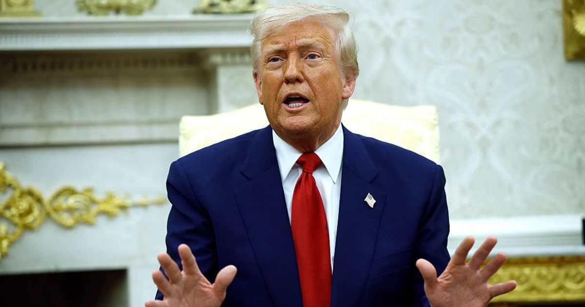 US President Donald Trump answers a reporters question during a meeting with Israeli Prime Minister Benjamin in the Oval Office of the White House on April 7, 2025 in Washington, DC (Getty Images)