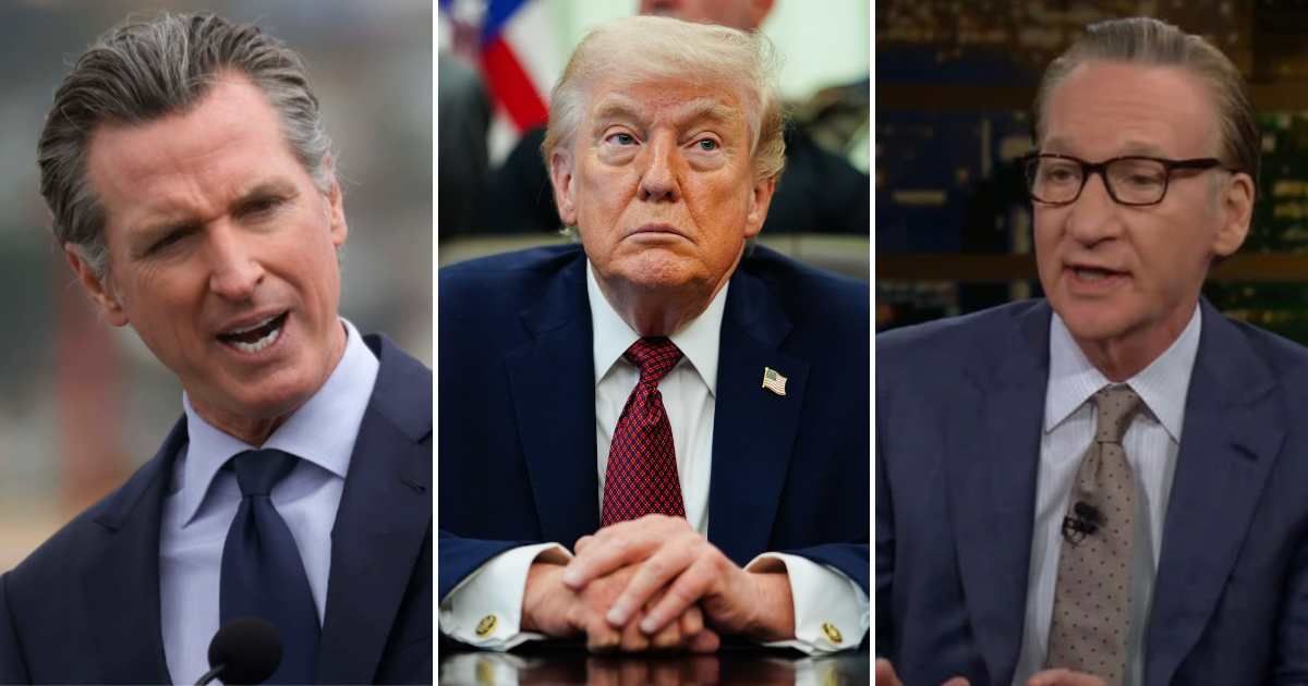 Bill Maher challenged California Governor Gavin Newsom over his Trump-style trolling and lawsuit against Fox News (Getty Images/ Screengrab/ Real Time with Bill Maher/ YouTube)