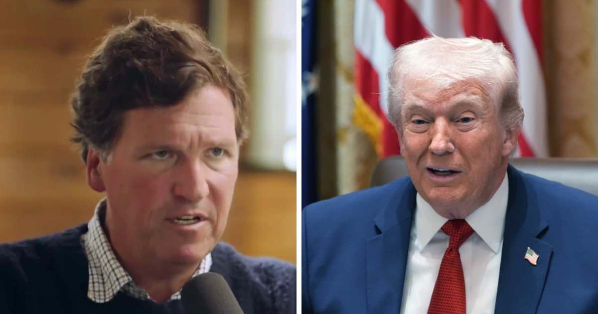 Tucker Carlson described Trump’s presence as disorienting during a recent interview on foreign policy (@AllyJKiss/X, Getty Images)