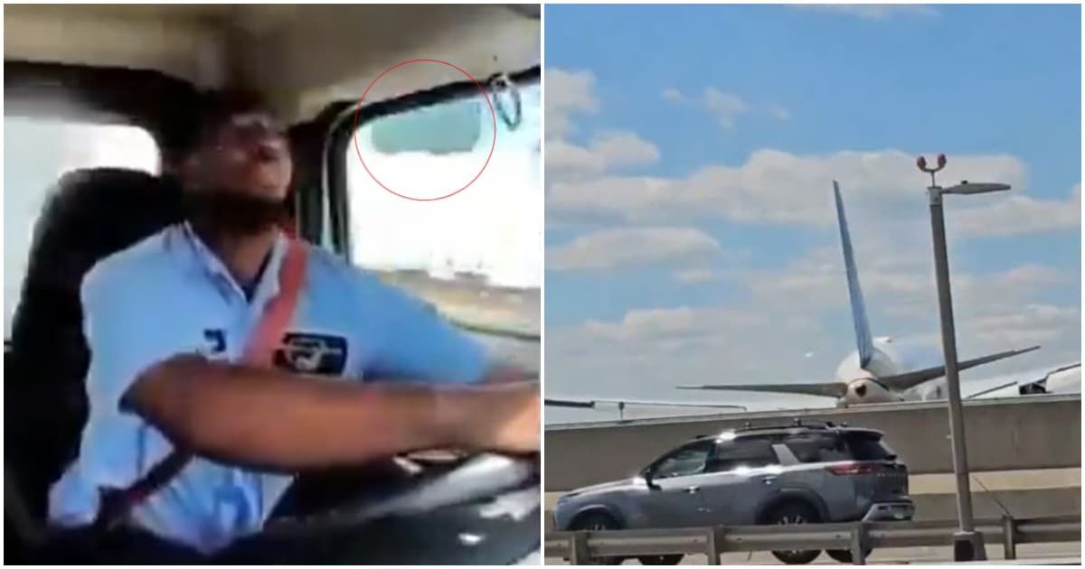 A United Airlines Boeing 767 from Venice exceeded 160 mph over the turnpike before its landing gear struck a pole and truck (Screengrab/Bakery Delivery Dashcham, VantagePointHQx/X)