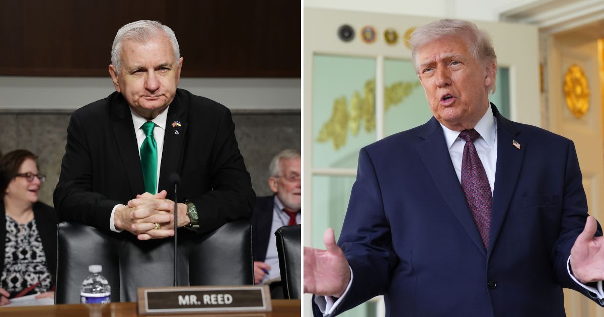 Sen Jack Reed slammed Donald Trump over Iran strategy, stating that he doesn’t think that the president even has a plan (Anna Moneymaker/Getty Images, AP Photo/Alex Brandon)
