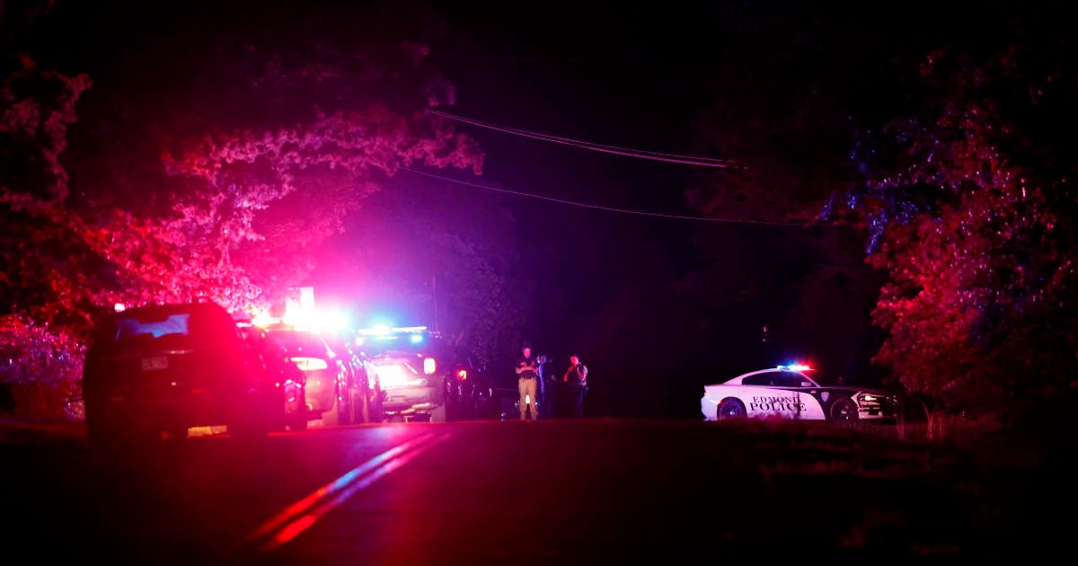 Police blocked off the area near S. Air Depot Boulevard in Edmond, Oklahoma, after a campground shooting at Lake Arcadia on Saturday, May 3, 2026 (AP Photo/Alonzo Adams)