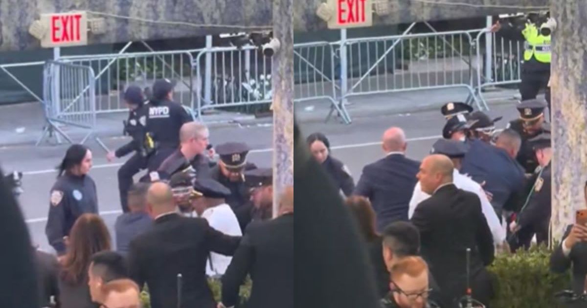 A brawl broke out at the Met Gala 2026 after an anti-Bezos protestor breached the barricade (Screengrab/@TheHollywood Reporter/X)
