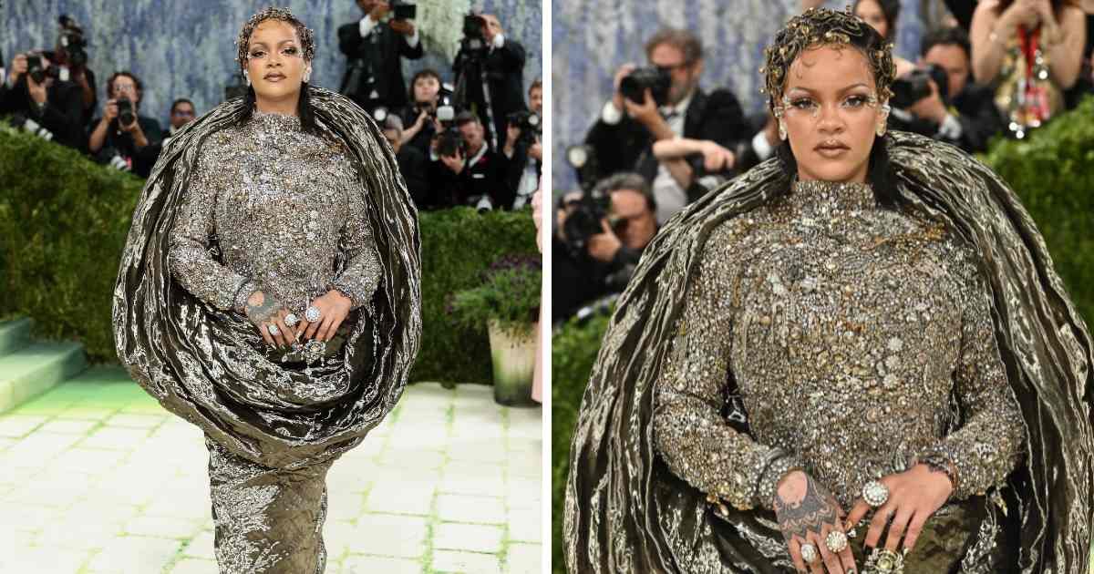 Rihanna stuns in sculptural Maison Margiela Couture gown featuring crystals and intricate hand embroidery at 2026 Met Gala (Getty Images)