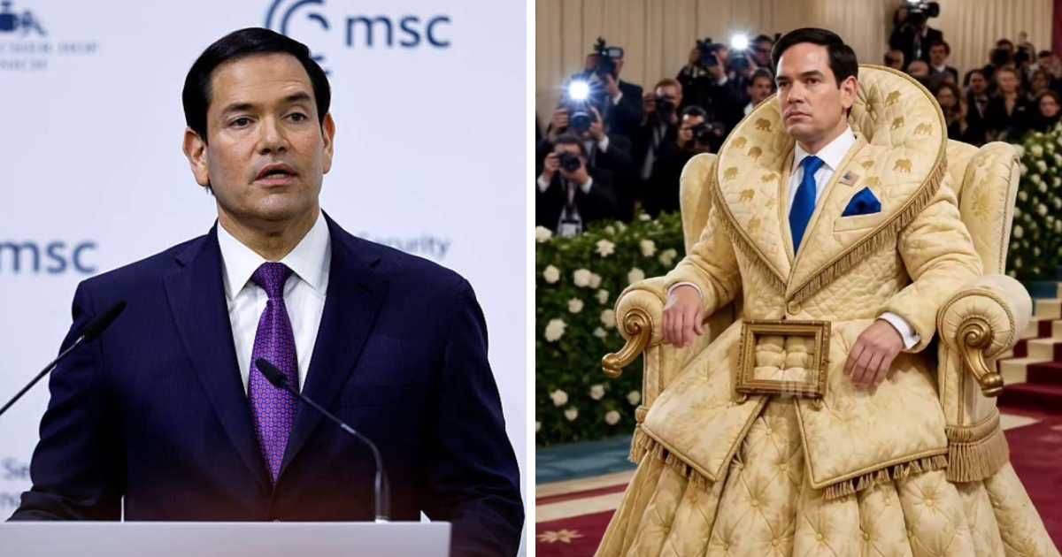 Marco Rubio appeared in a viral AI video at the Met Gala wearing a cream dress resembling a tufted Oval Office chair, drawing widespread attention online (Getty Images and @DDF/X)