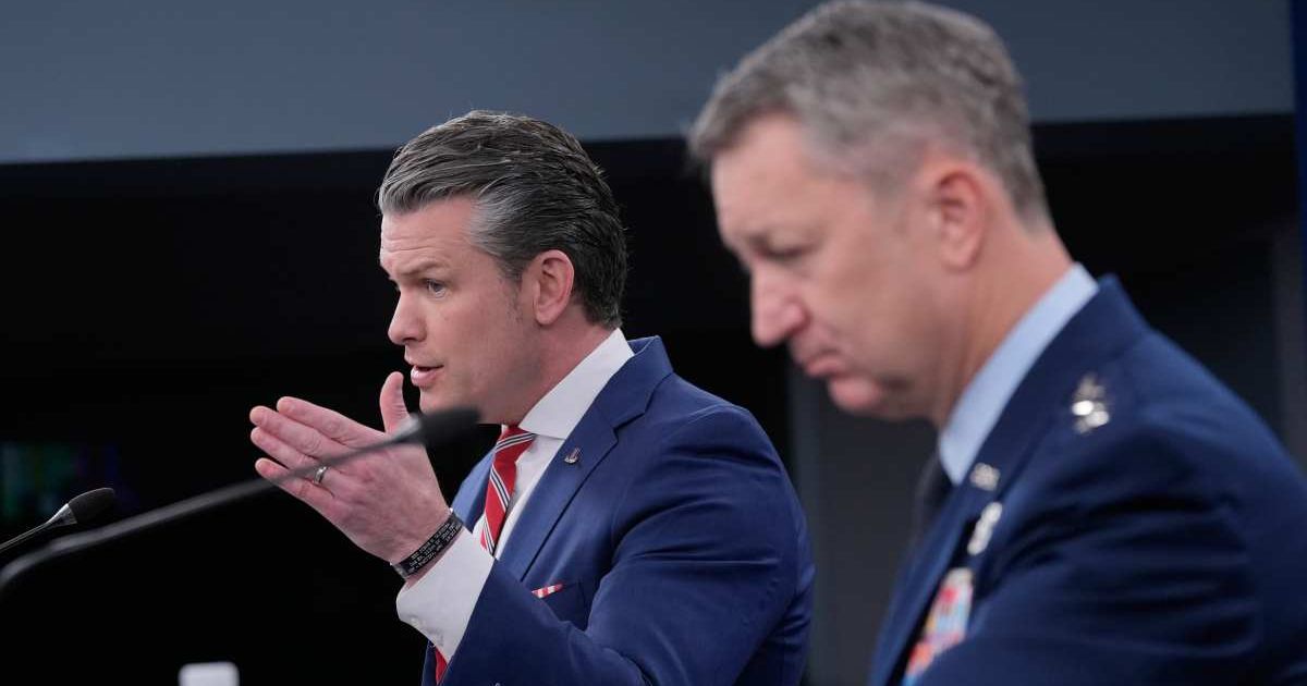 Defense Secretary Pete Hegseth and Chairman of the Joint Chiefs of Staff Gen Dan Caine speak to members of the media during a press briefing at the Pentagon in Washington, Tuesday, May 5, 2026 (AP Photo/Manuel Balce Ceneta)