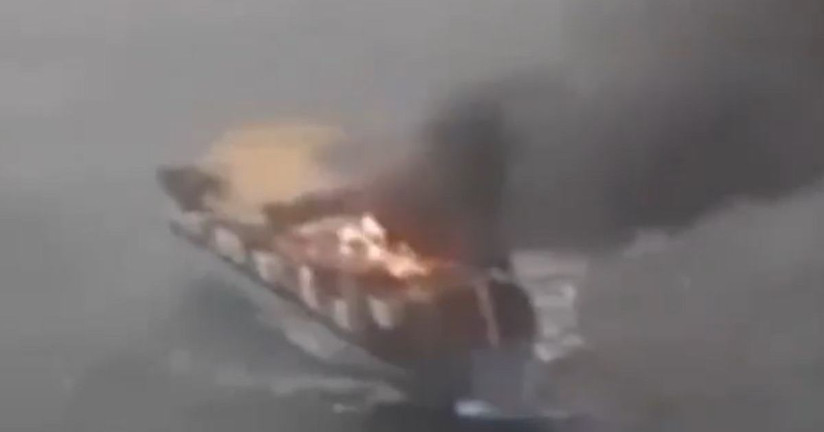 A dramatic video of a ship engulfed in flames is spreading rapidly online (@SpencerHakimian/X)