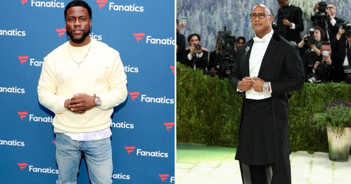 During an interview, Kevin Hart reacted to Dwayne 'The Rock' Johnson’s outfit (Tasos Katopodis, Dimitrios Kambouris/Getty Images)