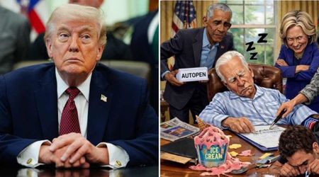 'Sleepy Joe' asleep at his desk with Obama nearby is Trump's latest AI attack on the Democrats