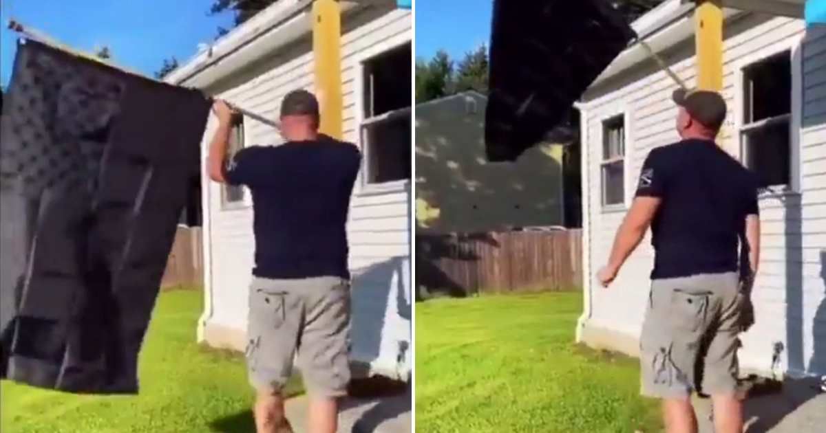 A viral video circulating on social media claims to show an American raising a black US flag outside his home to protest the United States’ relationship with Israel amid rising tensions with Iran (@Jvnior/X)