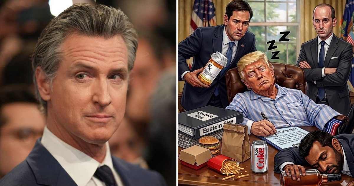 Newsom's satirical AI image depicts Trump surrounded by 'Epstein Files,' fast food, and a Diet Coke, while figures resembling Marco Rubio and Stephen Miller look on as Kash Patel lies slumped over the desk (Andrew Harnik/Getty Images, GavinNewsomPressOffi