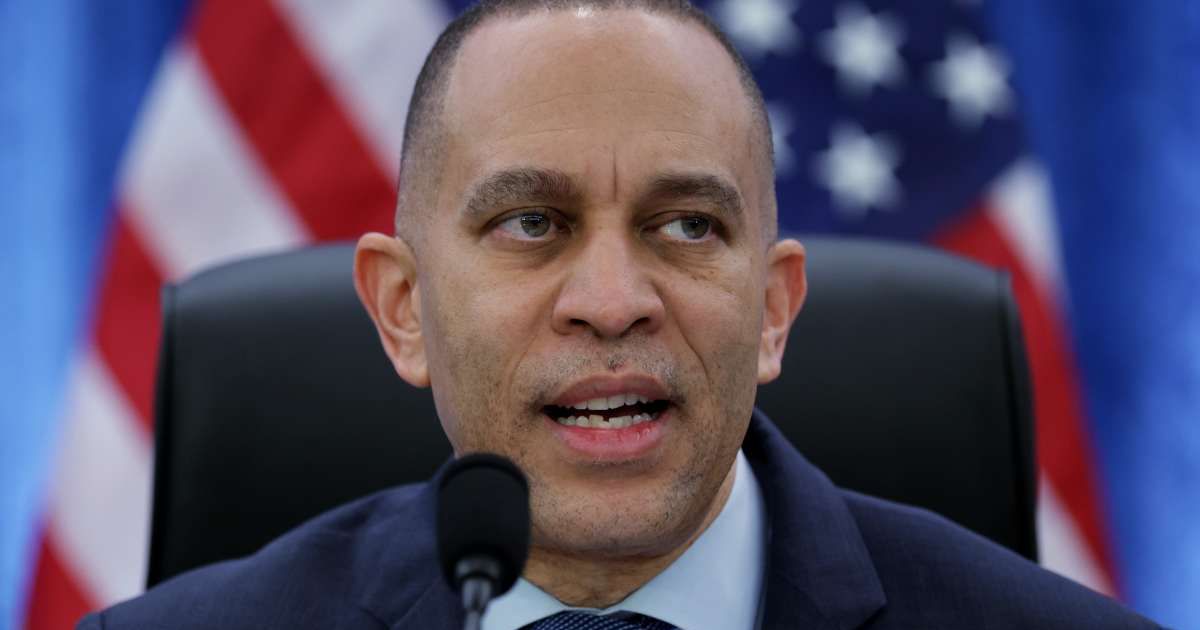 Democratic Leader Hakeem Jeffries blasted the Virginia Supreme Court’s narrow 4-3 ruling, calling it an assault on due process and accusing Republicans of undermining fair voter representation (Photo by Alex Wong/Getty Images)
