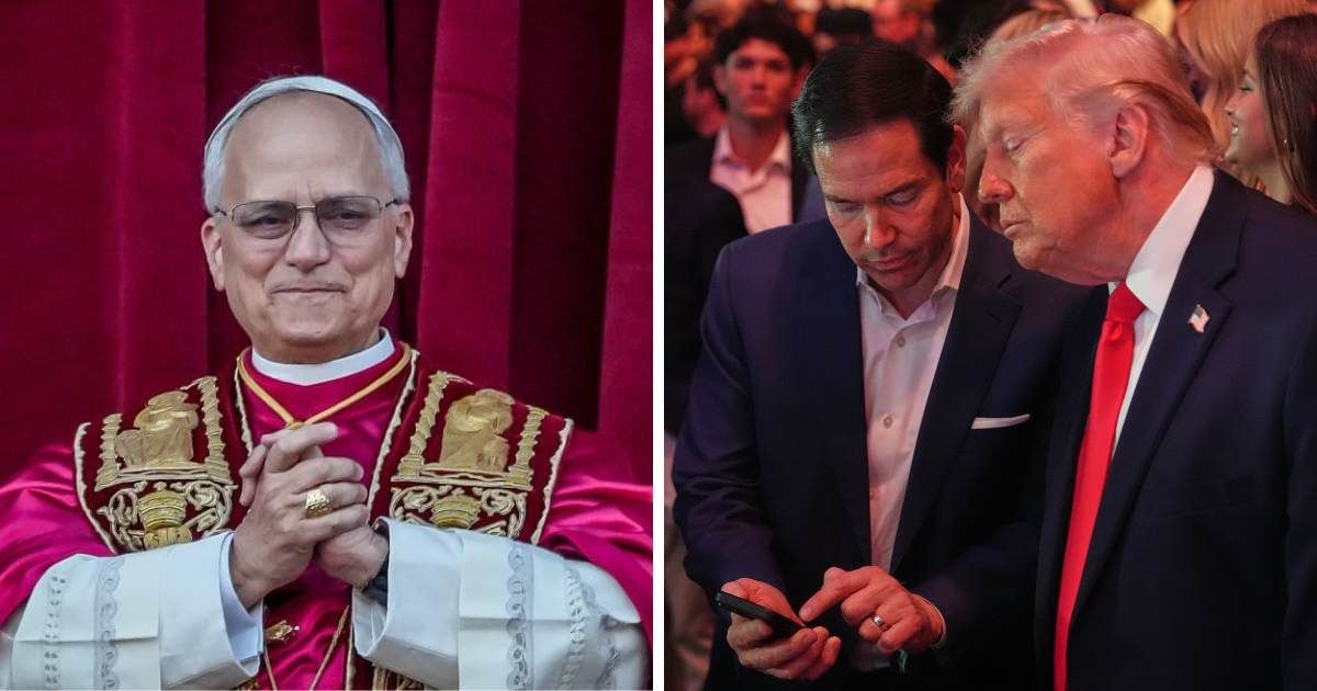 Donald Trump was addressing the press at the Lincoln Memorial’s Reflecting Pool on Thursday, May 7, when he was asked whether he had a message for Marco Rubio to pass along to Pope Leo XIV (Getty Images)