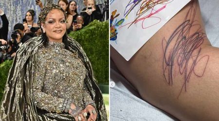 Rihanna shows off large scribbled leg tattoo ‘designed by her babies’ from children’s artwork