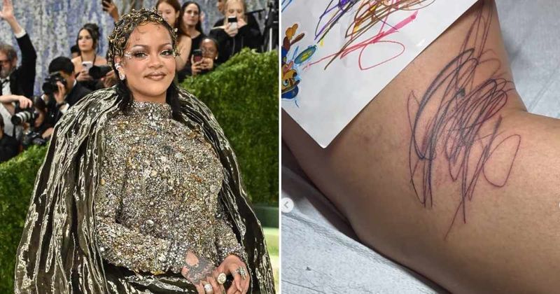 Rihanna shows off large scribbled leg tattoo ‘designed by her babies’ from children’s artwork