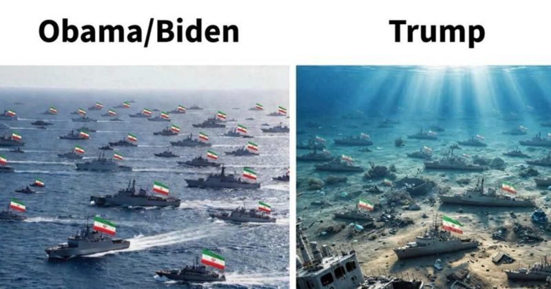 Trump contrasts his Iran policy with Obama-Biden in AI image showing ‘sunken’ warships