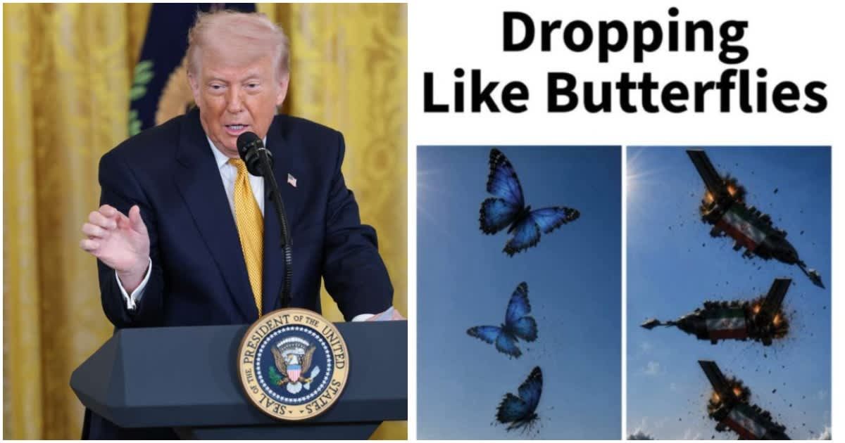 President Donald Trump mocked Iranian drones in memes, comparing them to butterflies falling into the ocean and crashing harmlessly (X/@WildcatHitomi, AP Photo)