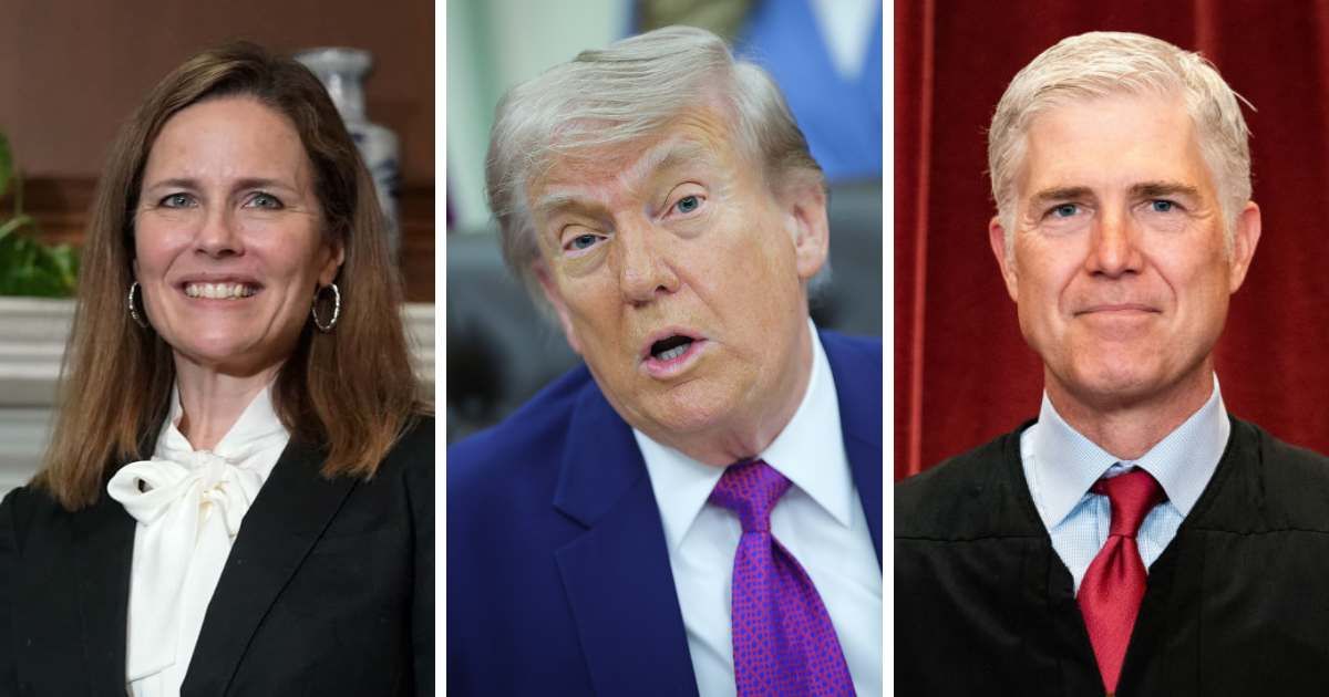 President Donald Trump criticized Justices Amy Coney Barrett and Neil Gorsuch for not 'doing the right thing' on tariffs in a lengthy Truth Social post on Sunday, May 10 (Getty Images)