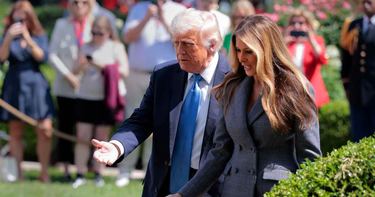 Donald Trump made the remark about Melania Trump on Monday, May 11, as he greeted attendees at a Rose Garden Club dinner with an address about the changes he’s made to the White House exterior (Getty Images)