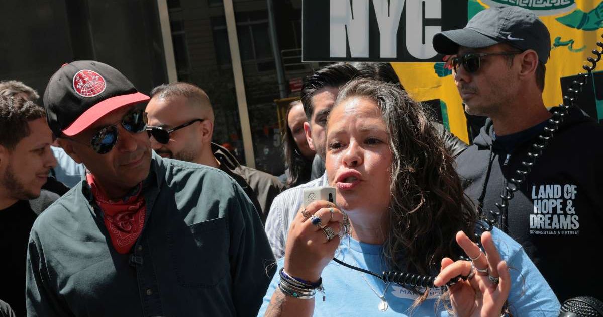 
Natalia Aristizabal, co-executive director of Make the Road New York, speaks during an anti Immigration and Customs Enforcement (ICE) protest outside of federal plaza on May 12, 2026 in New York City. (Getty Images)