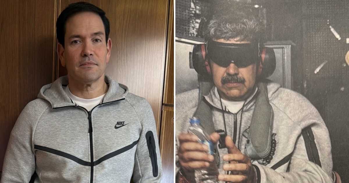 Marco Rubio went viral after wearing a gray Nike Tech tracksuit on Air Force One, with users linking it to Nicolas Maduro’s viral arrest meme (@StevenCheung47, @WhiteHouse/X)