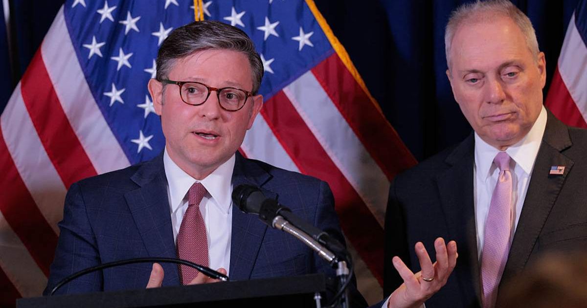 Speaker of the House Mike Johnson and Majority Leader Steve Scalise hold a news conference following a House Republican caucus meeting at the Republican National Committee headquarters on May 13, 2026 in Washington, DC (Getty Images)