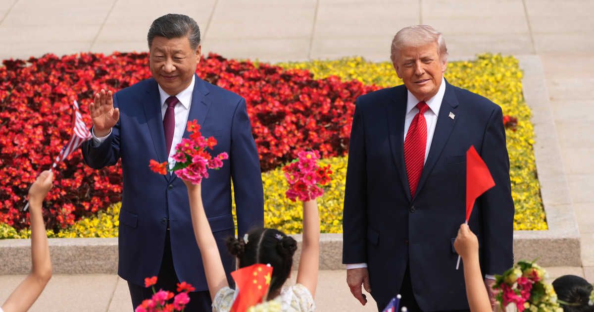 President Donald Trump participates in a welcome ceremony with China's President Xi Jinping at the Great Hall of the People, Thursday, May 14, 2026, in Beijing (AP Photo/Mark Schiefelbein)x