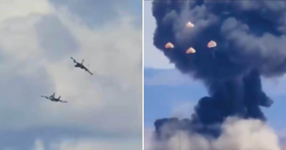 Footage showed the fighter jets crash into each other, spin toward the ground, and explode into a massive cloud of black smoke (Screengrab/Breaking911/X)
