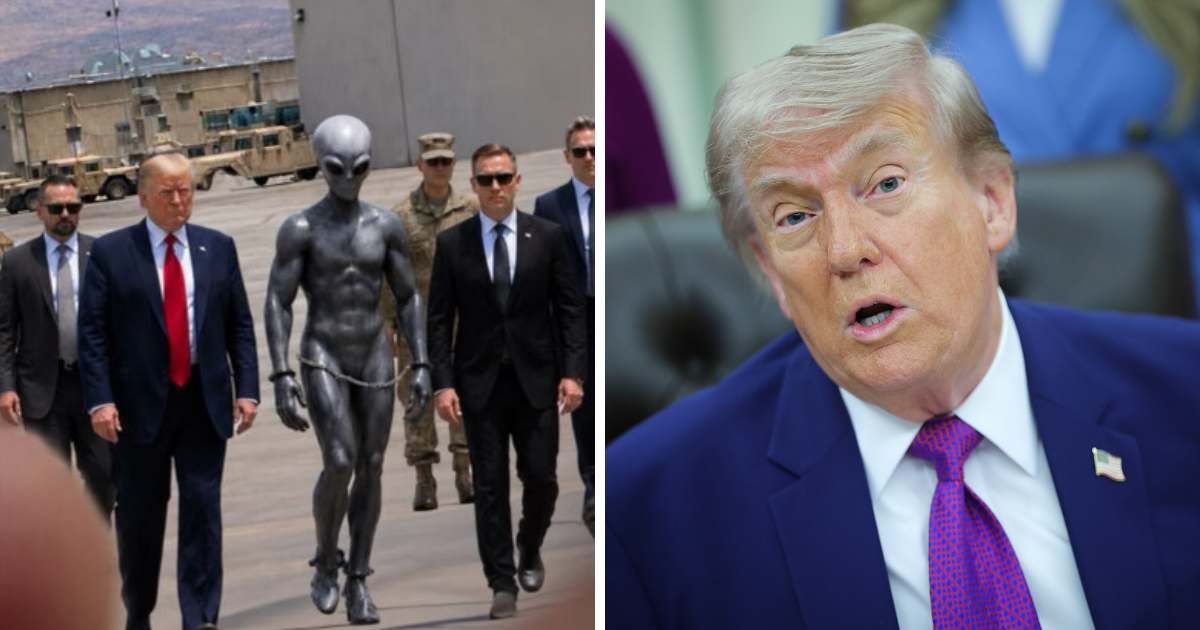 Donald Trump shared an AI image of himself escorting a restrained alien during a Truth Social posting spree (DonaldTrump/TruthSocial and Getty Images)