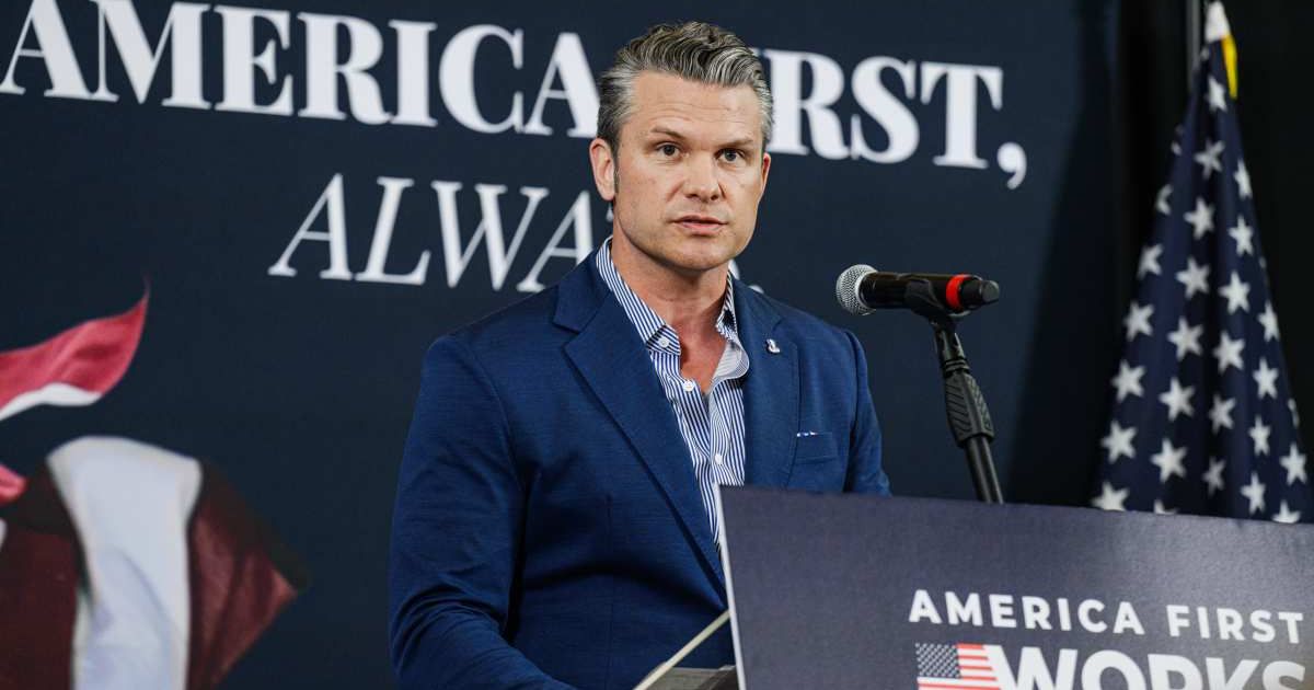 Secretary of War Pete Hegseth speaks on stage during an America First Workers Special Event on May 18, 2026, in Hebron, Kentucky (Jon Cherry/Getty Images)