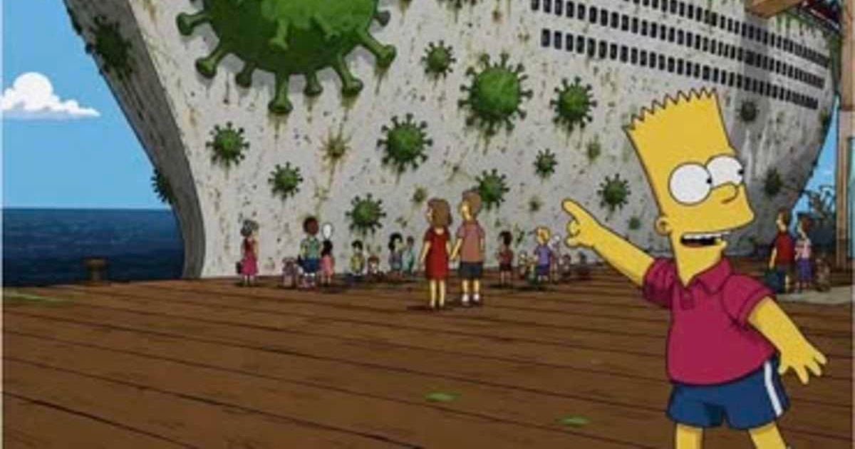 Viral posts making the claim feature an image of Bart Simpson pointing at a cruise ship covered in green spots, seemingly suggesting a viral outbreak (@domdance/Facebook)