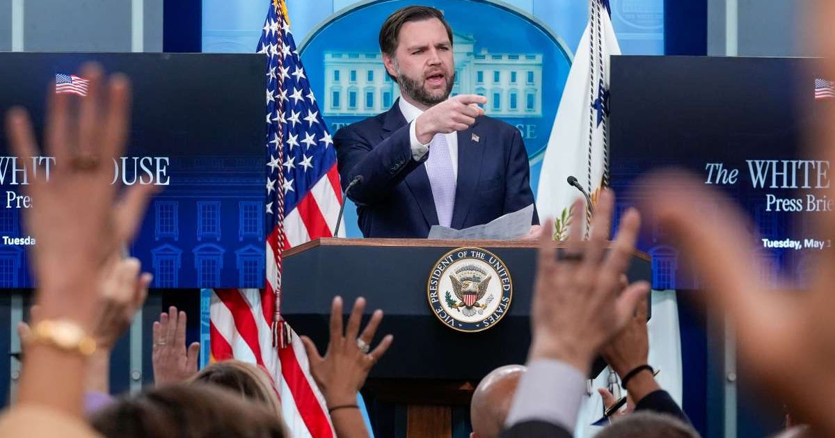 Vice President JD Vance speaks to reporters during a White House press briefing in Washington, Tuesday, May 19, 2026 (AP Photo/Manuel Balce Ceneta)