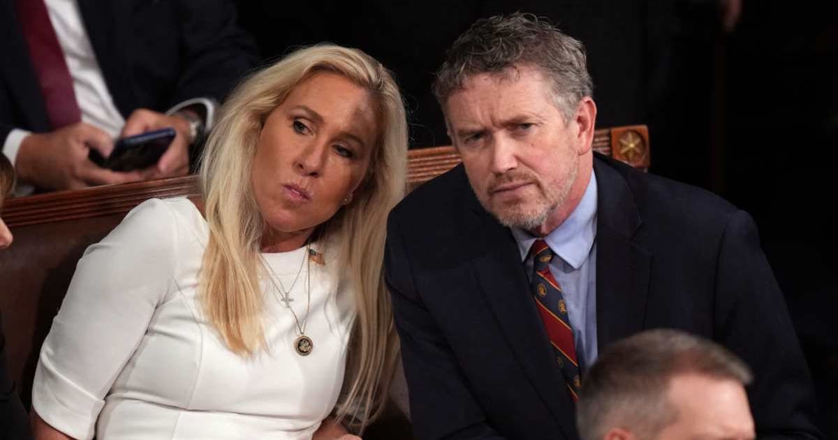 Former Rep Marjorie Taylor Greene criticized the Republican Party after ally Thomas Massie lost his Kentucky primary, claiming the effort to release Jeffrey Epstein’s files led to his defeat (Andrew Harnik/Getty Images)