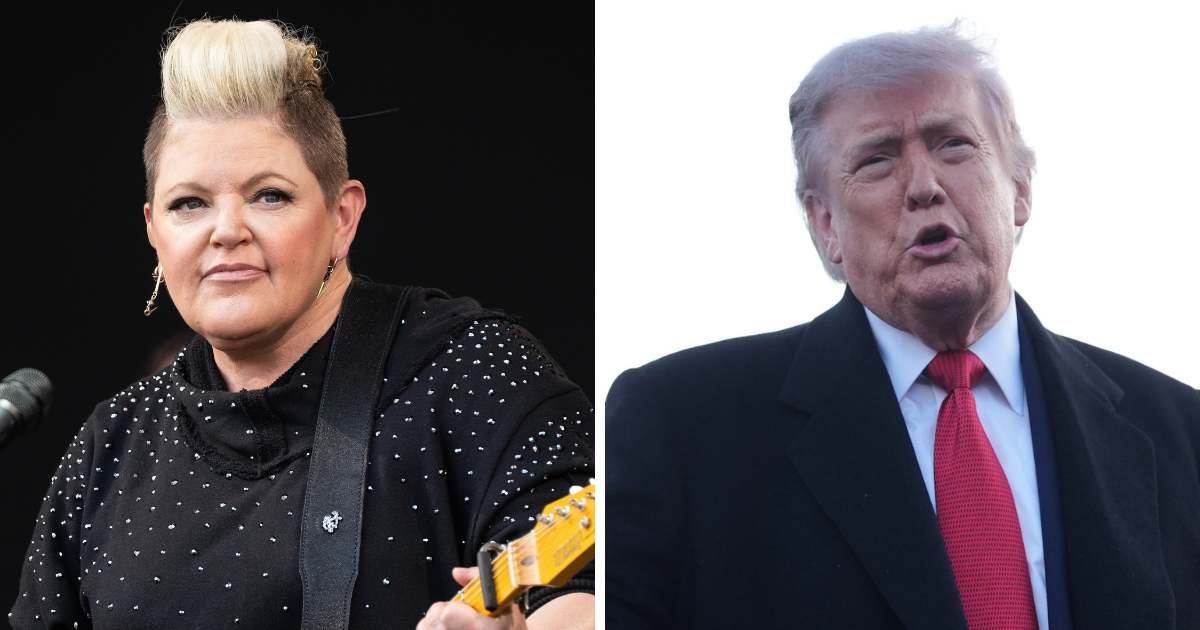 Natalie Maines expressed alarm over what she described as the erosion of American democracy, sharing President Donald Trump’s official portrait alongside a sharply critical caption (Getty Images, AP Photo)