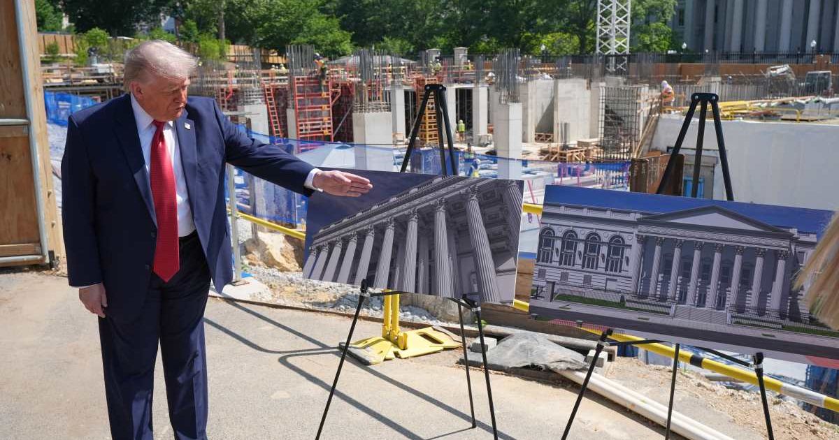 President Donald Trump speaks to reporters while showcasing construction work on the new White House ballroom and security complex (AP Photo/Jacquelyn Martin)