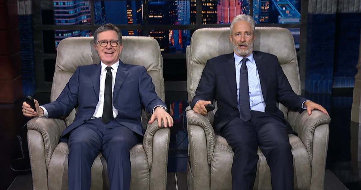 Jon Stewart gave Stephen Colbert the ultimate send-off, complete with David Letterman’s old advice, two massive chairs, and a special musical tribute (Screengrab/The Late Show with Stephen Colbert/Youtube)