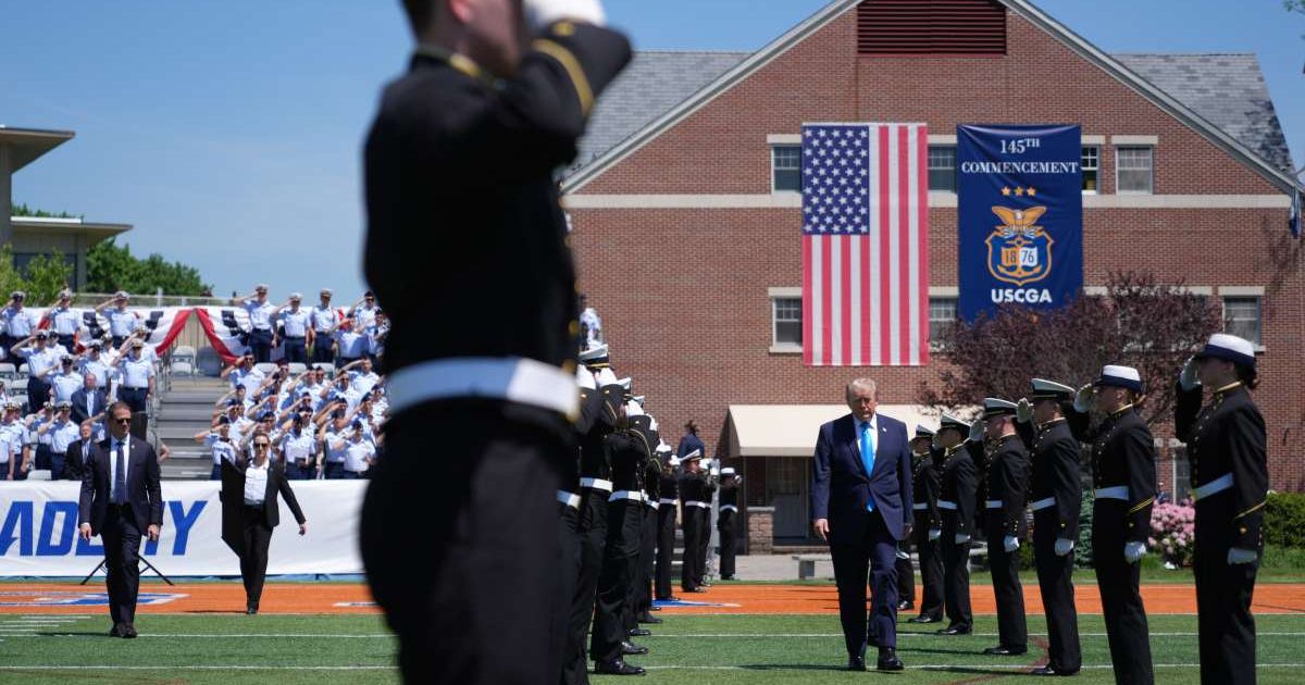 President Donald Trump arrives to deliver the commencement address at the US Coast Guard Academy in New London, Conn, Wednesday, May 20, 2026 (AP Photo/Jacquelyn Martin)