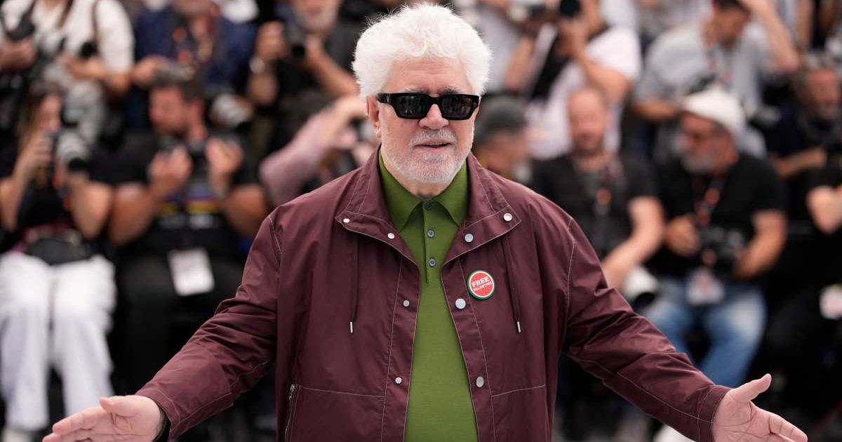 Director Pedro Almodovar wore a ‘Free Palestine’ pin during a press conference for 'Bitter Christmas' at the Cannes Film Festival in France (AP Photo/John Locher)