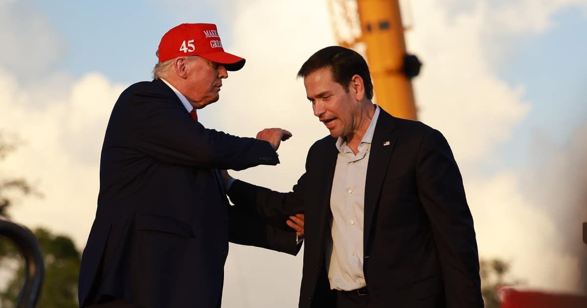 A post, published on the State Department’s official X account on Wednesday, May 20, claims Donald Trump said Marco Rubio is from Cuba while speaking to reporters (Joe Raedle/Getty Images)