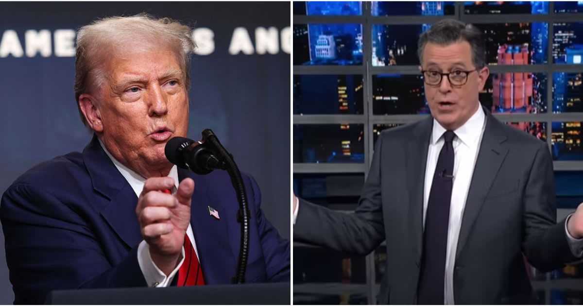 Trump targeted Stephen Colbert, saying he lasted years without talent or ratings and claiming his show had 'no life' as the president celebrated his exit from television (Photo by: Win McNamee/Getty Images, The Late Show 